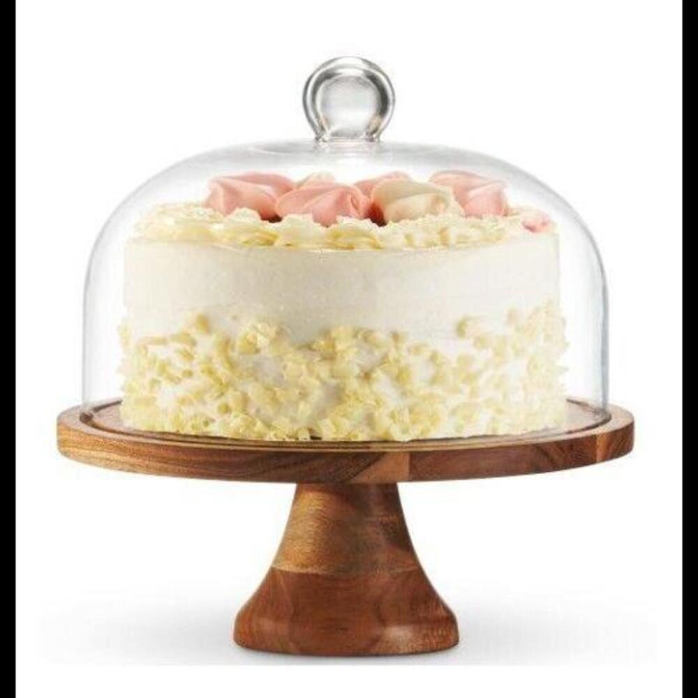 Godinger Cake Stand with Dome, 2 in 1 Wooden Cake Plate Serving Tray
